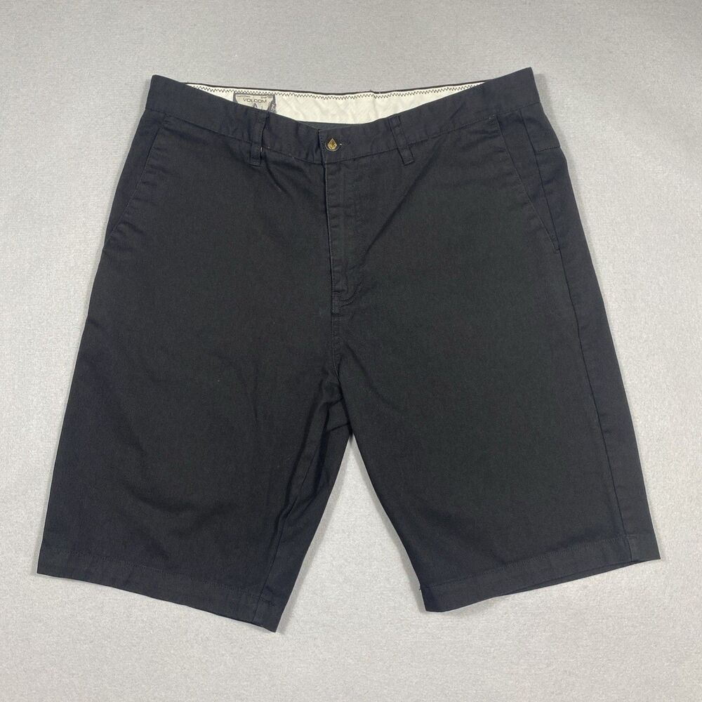 Volcom Chino Shorts Men's Size 34 Black Solid Flat Front Cotton 11" Inseam Golf
